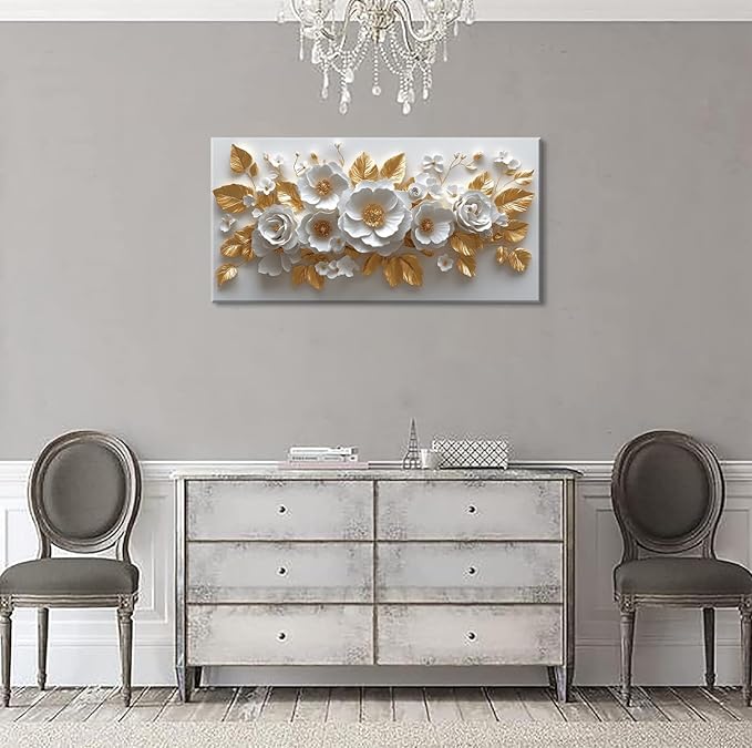 IDAFU Flower Wall Art White Foral and Golden Leaves Wall-décor White Wall Art Floral Painting Pictures for Living Room Bathroom Bedroom Kitchen Office Cuadros Decorativos Para Sala Decor 40L x 20W