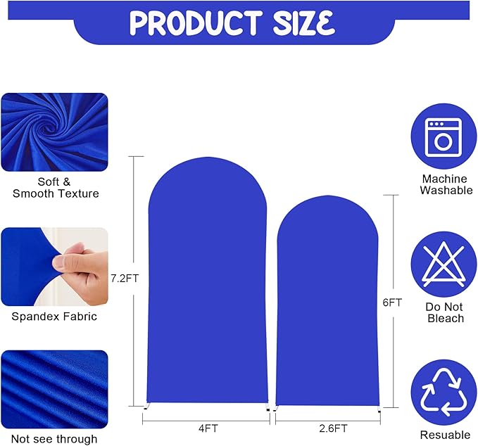 Royal Blue Arch Backdrop Covers - 7.2FT, 6FT Spandex Fitted Wedding Arch Stand Covers Round Top Chiara Stretchy Arch Backdrop Cover for Wedding Birthday Party Decoration
