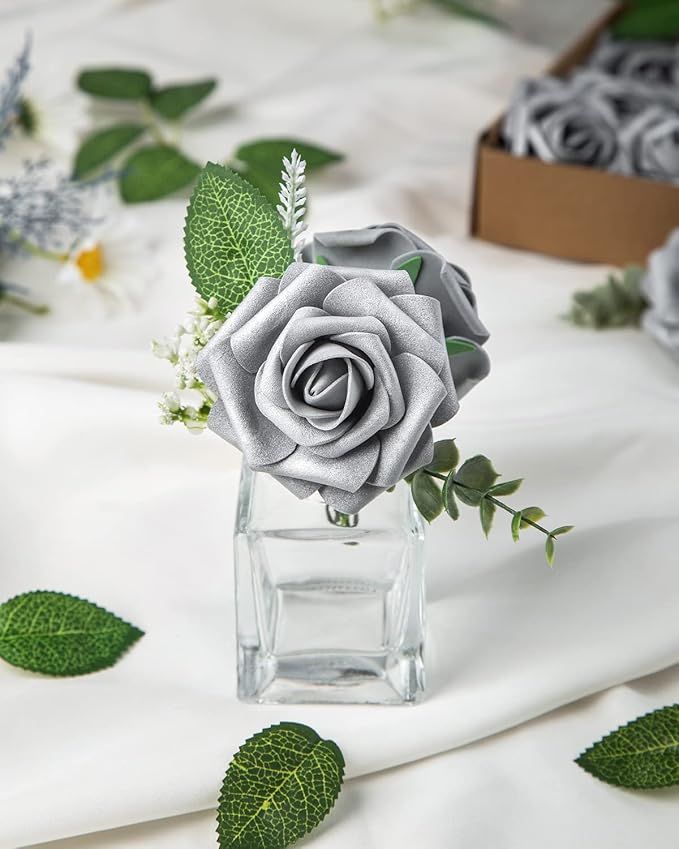 DuHouse 25Pcs Artificial Roses Flowers Fake Roses with Stems Real Touch Foam Flowers for DIY Wedding Bouquet Baby Shower Centerpiece Floral Arrangement Party Home Decor(Silver Grey)