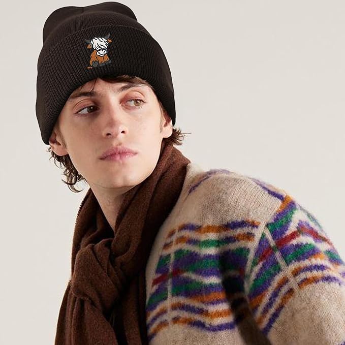 Scottish Highland Cow Beanie Hat, Cute Funny Cow Embroidery Winter Knit Skull Cap for Adult Men Women