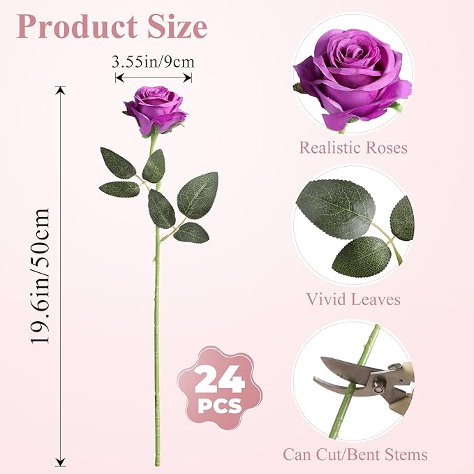 Nubry 24pcs Artificial Silk Roses Bulk,Fake Roses Flower with Stems Realistic Flowers for Wedding Centerpiece Home Party Decor(Purple)