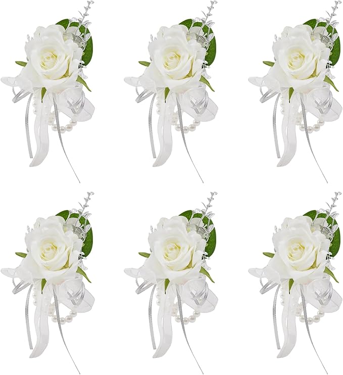 Meldel Prom Wrist Corsage for Bride Bridesmaids Wedding, Set of 6, Artificial White Rose Wrist Corsages for Prom Women Girls Engagement Mother Bridal Shower Party Homecoming Graduation Anniversary