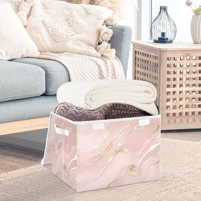 Collapsible Storage Bins with Lids, Rose Gold Pink Marble Storage Boxes for Organizing
