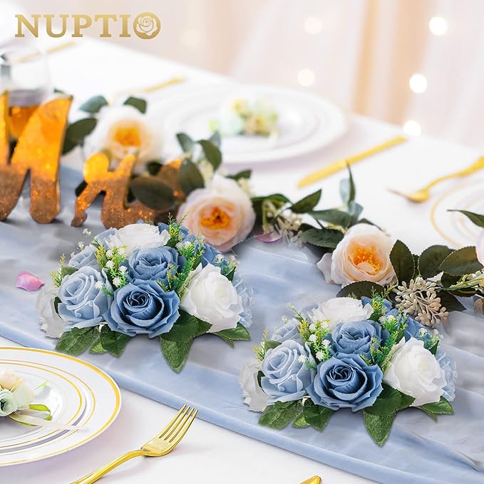 NUPTIO Wedding Floral Centerpieces for Tables: Dusty Blue & White Fake Flower Ball for Weddings Party - 2 Pcs Artificial Rose Arrangements for Birthday Bridal Shower Decorations