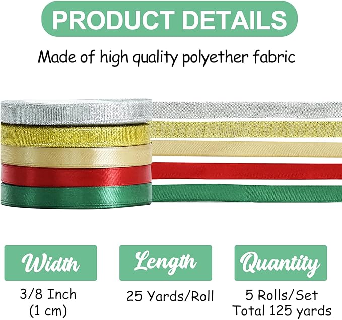 TONIFUL 5 Colors Christmas Ribbon 3/8 Inch x 125 yds Thin Satin Ribbon Rolls with Glitter and Solid Color for Gift Wrapping Crafts Bows Ornaments Hanging Christmas Tree Decorations