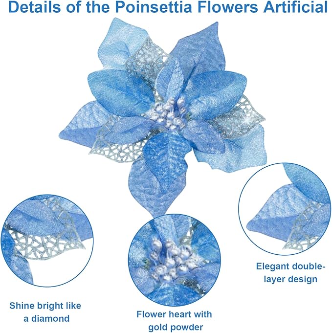 24 Pcs Christmas Poinsettia Flowers Artificial with Clips, 5.9" Christmas Decor Glitter Poinsettia Flowers for Christmas Tree New Year Wedding Party Wreath DIY Garland Decor (Blue)