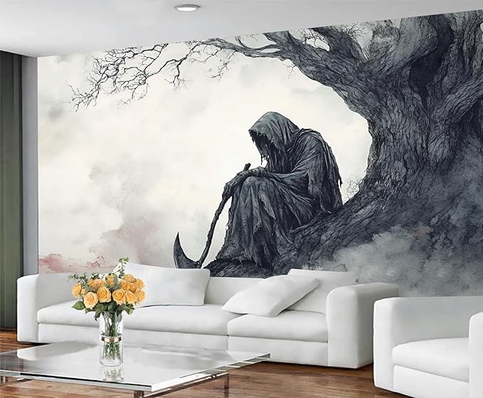 KIREUPA Grim Reaper Sitting Tree Wall Mural, Gothic Death 3d Wall Murals, Gothic Halloween Themed Wallpaper Mural, for Living Room Bedroom Large Wallpaper Indoor Decor 118" W x 82.6 "H