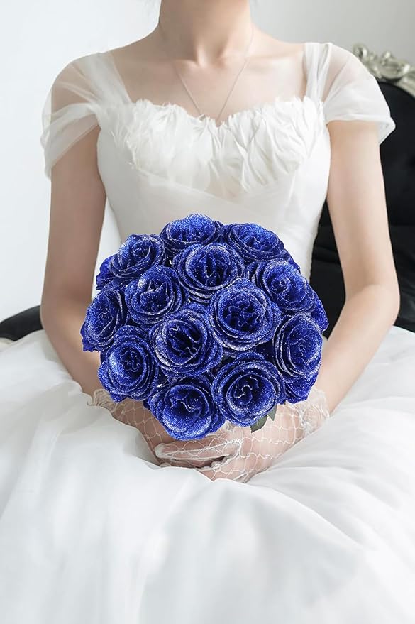 Royal Blue Glitter Roses Bouquet,30PCS Fake Sparkling Flowers Artificial Roses with Stems for Wedding Party Christmas Home Decor(Royal Blue with Silver Glitter)