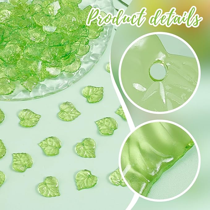 PH PandaHall 100pcs Green Flower Beads, Transparent Leaf Bead Charms, 15x15x2mm Frosted Leaves Pendants with 1.5mm Hole for DIY Earrings Pendants Bracelets Jewelry Making Spring Crafts Decor
