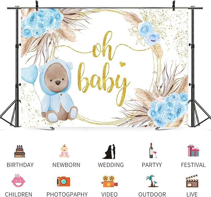 9x6ft Baby Shower Backdrop Oh Baby Photography Background Bear Blue Flowers Boho Leaves Heart Balloon Gold Dots Kid Birthday Party Banner Decorations Newborn Gender Reveal Photo Booth Prop