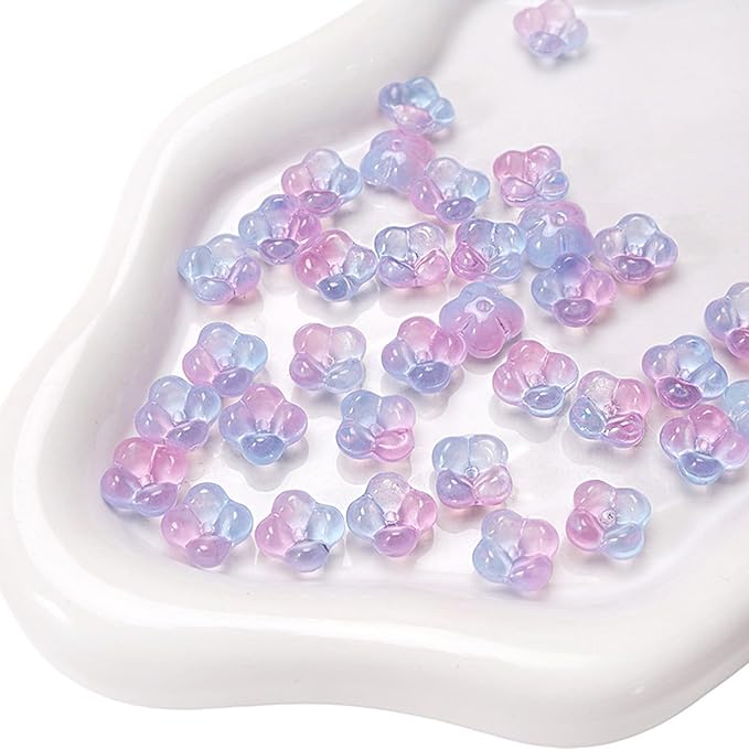 100PCS Glass Flower Beads for Jewelry Making 4 Petal Flower Bead Caps Gradient Cute Floral Beads Aesthetic Charms for Necklace Bracelets Earrings DIY Craft Home Decoration-Pink Blue