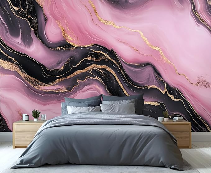 Pink Black Marble Wall Mural, Luxury Fluid Art 3D Wall Murals, Gold Vein Abstract Marble Wallpaper Mural, for Living Room Bedroom Large Wallpaper Indoor Decor 177.16" W x120 H