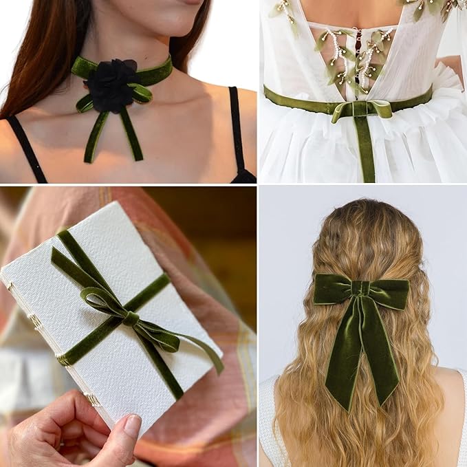 Olive Green Velvet Ribbon 3/8 Inches x 5 Yards for Gift Wrapping, Crafts, Christmas Tree, Wreath, Bow Making, Vintage Fabric DIY on The Spool