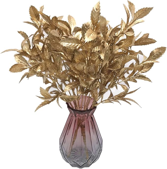 PASYOU Christmas Artificial Plants Decoration, Plastic Grass Fake Shrubs Simulation Leaves Indoor Outdoor Home Garden Planter Filler Party Hotel Verandah Wedding UV Resistant DIY Decor - Gold 2 Pack