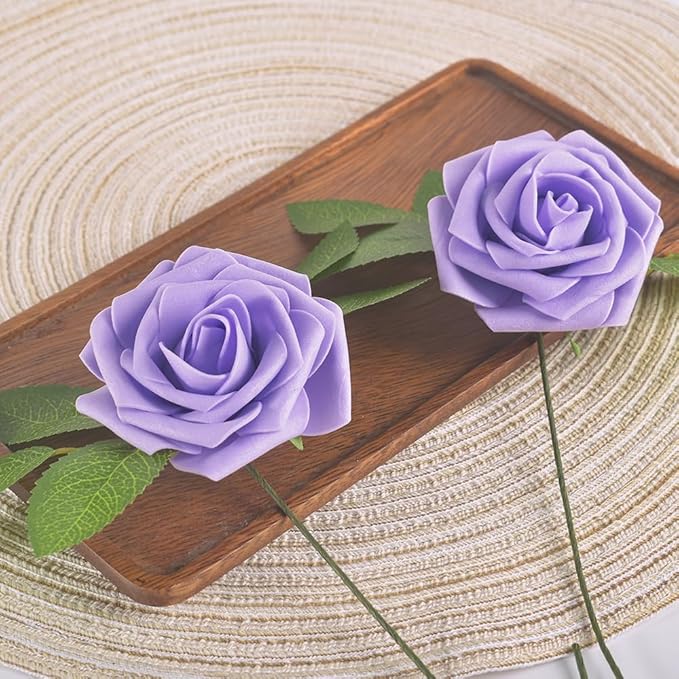 homEdge Artificial Rose, 25pcs Foam Artificial Flowers with Stem for Home Decorations, Wedding Bouquets, Party, Certerpieces, Anniversaries-Lilac