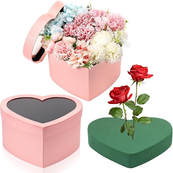 Nuenen Heart Shaped Flower Gift Boxes, Floral Gift Box with Lids Floral Foam Clear Cellophane 9.8 x 9 x 5 Inches for Birthday Wedding Proposal Packaging Arrangements(Pink)