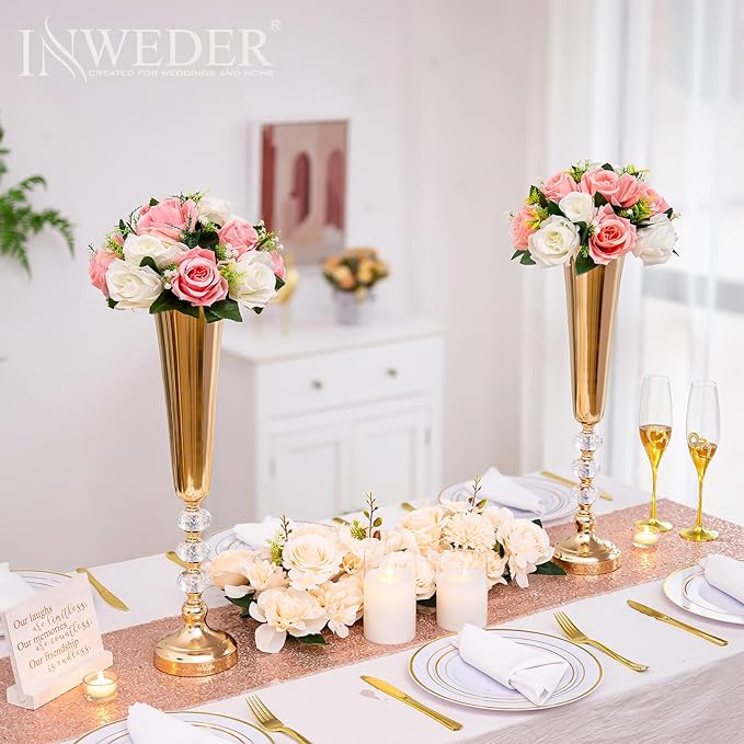 Metal Gold Trumpet Vase - 2 Pcs Tall Tabletop Vases for Centerpieces, 20.8in, Flower Stand for Wedding, Birthday, Home Decor