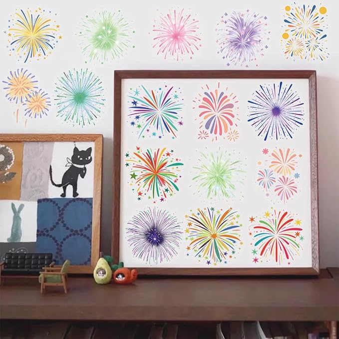 50PCS Transparent Cartoon Watercolor Firework Stickers for Teens Adult, Waterproof PET Decals for Scrapbooking Journal, DIY Craft Decor for Water Bottles, Laptops,Party Supplies & Gift Wrapping