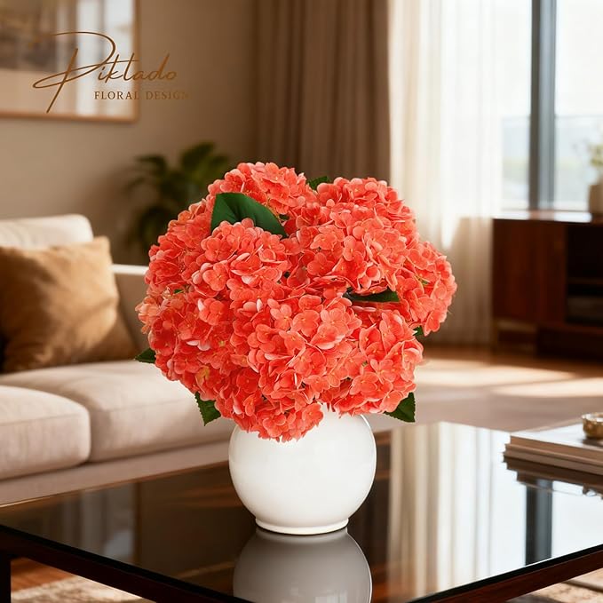 A Bunch 21in, Real Touch Hydrangea Artificial Flowers, with 5pcs Flower Head 8pcs Leaves, Faux Hydrangea Flowers for Home Office Decor Wedding Party Arrangements (2, Orange-red)