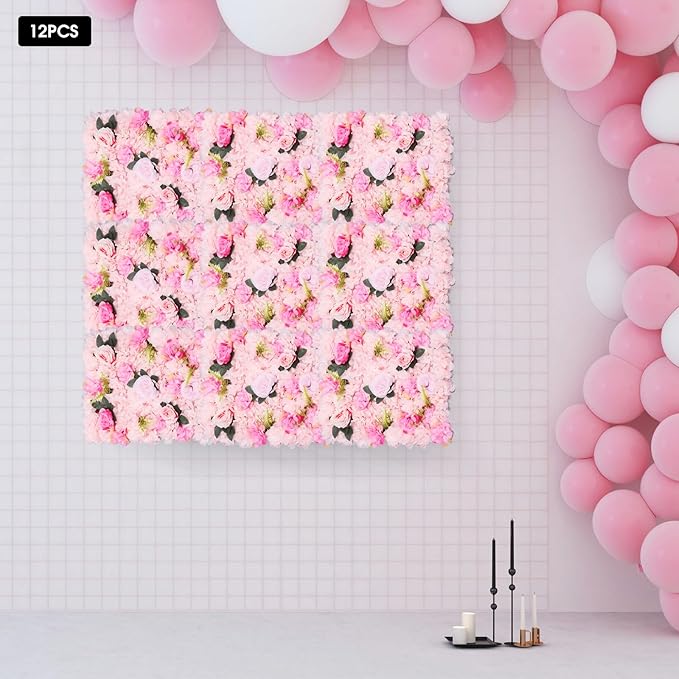 Flower Wall Panel Set,Artificial Wall Flower Backdrop,12 Pcs 23.62 * 15.74in3D Silk Hydrangea Rose Floral Panel,Faux Roses Artificial Flower Backdrop for Wall Decor (12PCS Light Pink)