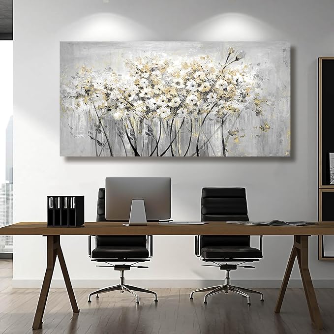 VAYIMDH Gold Pictures Wall Decor Living Room Wall Hanging White and Grey Vintage Posters Floral Photo Prints for Bedroom Dining Room 24x48 Inch
