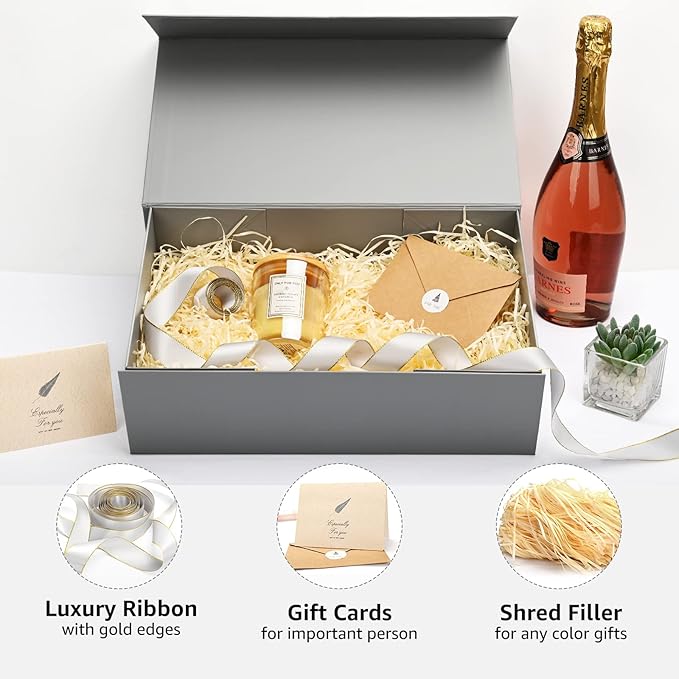 LIFELUM 2 Pack Large Gift Boxes with Lids,13.85 x 8.35 x 4.45 inch Gift Box Rectangle Collapsible Box Groomsmen Gift Boxes for Presents with Ribbon, Card, Shredded Paper Filler