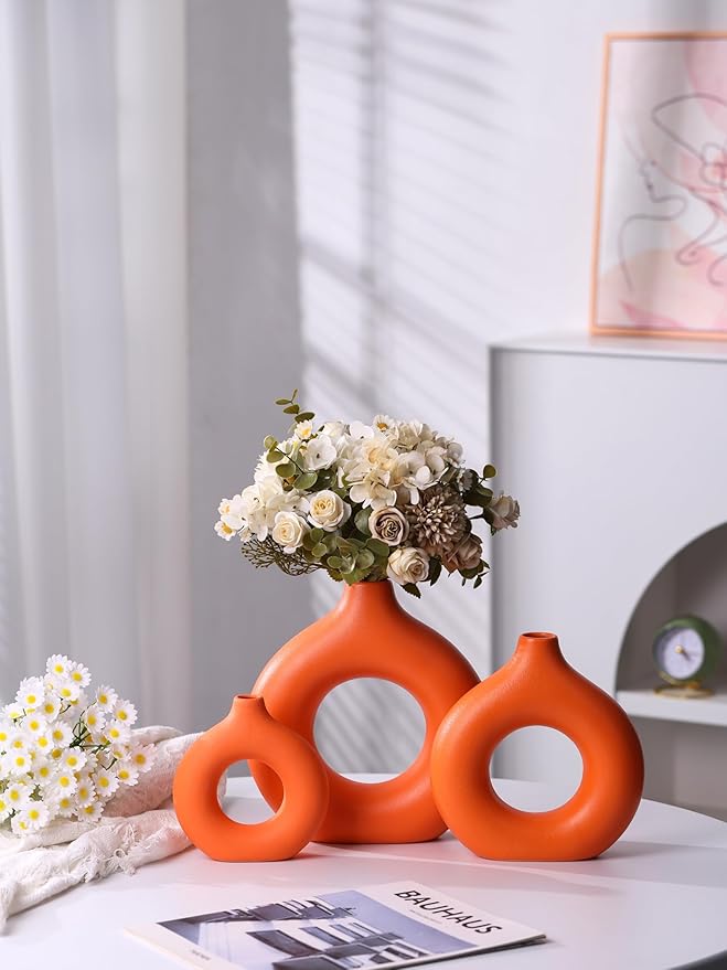 Modern Donut-Shaped Decorative Vases, Handmade Minimalist Boho ins Style, Modern Vase for Home Decor for Wedding Dinner Table Party Living Room Office Bedroom (Orange, Extra Large + Large)
