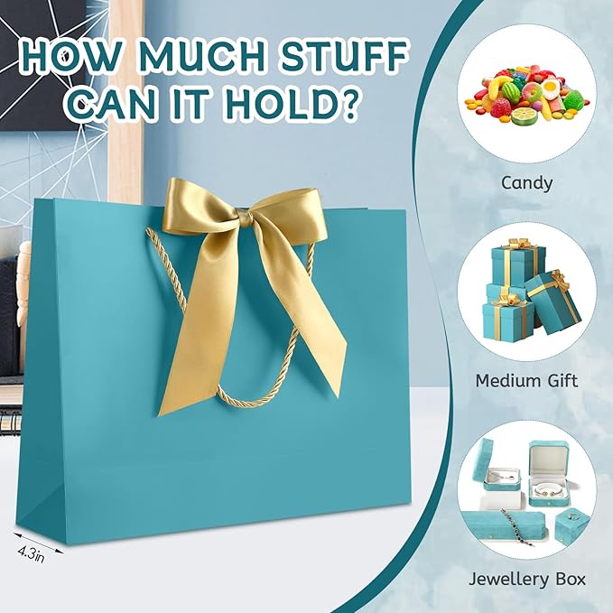 JMANNI 1PCS Large Gift Bag with Ribbon and 1 Greeting Card 2 Tissue Papers, Portable Paper Gift Bag with Handles, Birthday Gift Bags,Present Bags for Wedding Party,Mothers Day12.6" x 9.8" x 3.9"(Bule