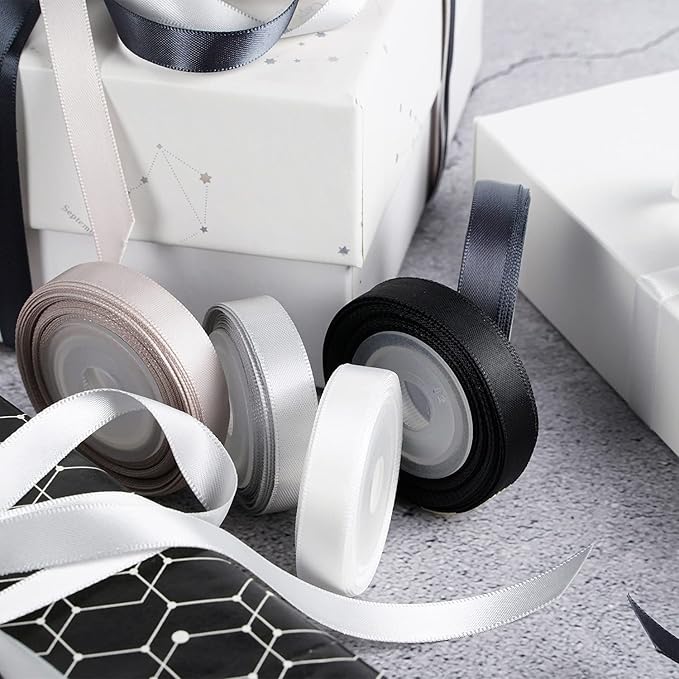 HUIHUANG Black White Silver Ribbon 3/8" Satin Ribbon Assorted 5 Colors Double Face Solid Color Ribbon for Holiday Day Gift Wrapping DIY Bow DIY Crafts, 10 Yard Each Total, 50 Yds Per Package