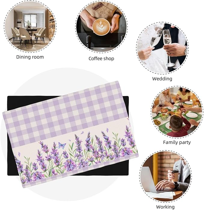 Flowers Leaves Spring Placemats Set of 4,Purple Plaid Background Flower Seasonal Table Mats for Party Kitchen Dining Decoration 4 PCS