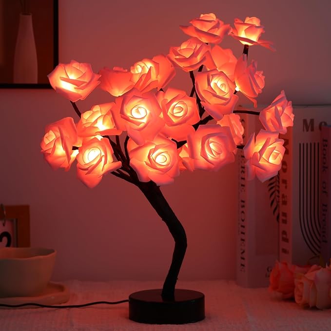 Drawelry Rose Flower Tree Lamp - LED Rose Tree Table Lamp USB/Battery Powered Artificial Bonsai Flower Night Light for Bedroom Living Room Party Wedding Birthday Decor (Pink)