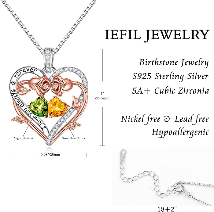 Iefil Rose Heart Double Birthstone Necklace Gifts for Wife Her Mom Women, Birthstone Jewelry Gemstone Birthday Gifts for Girlfriend Grandma Her Wife Women