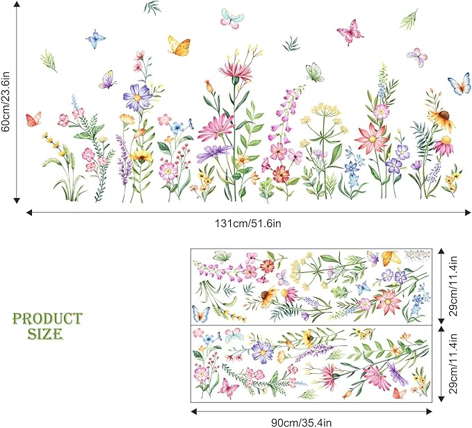 Flower Wall Decals Watercolor Wildflower Grass Butterflies Wall Stickers Peel and Stick Vinyl Decal for Girls Bedroom Living Room Home Office