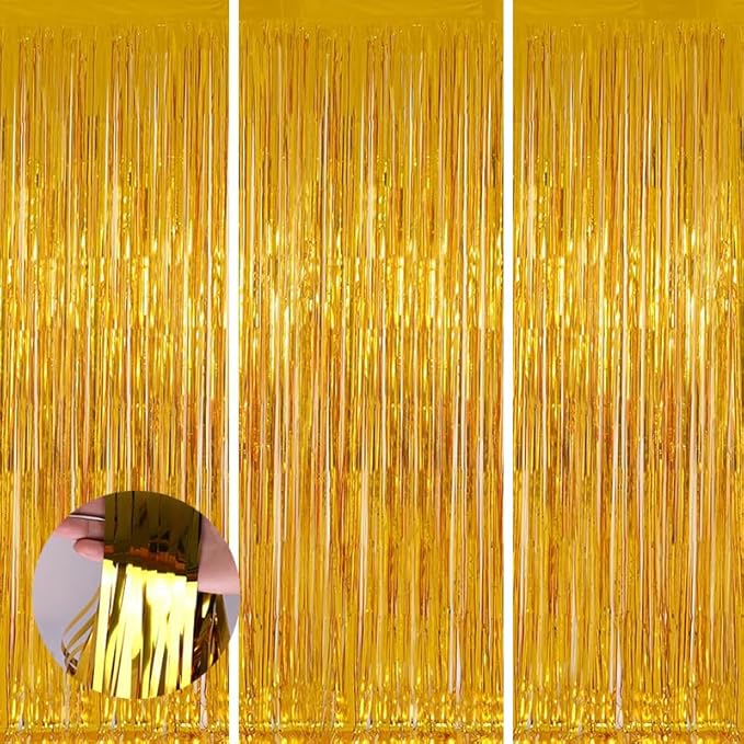 Keyali 3 Pack 3.3 * 8.3 ft Foil Curtain Metallic Tinsel Fringe Curtains Photo Booth Props Backdrop for Birthday Wedding Engagement Baby Shower Christmas Holiday Celebration Partyl,Gold
