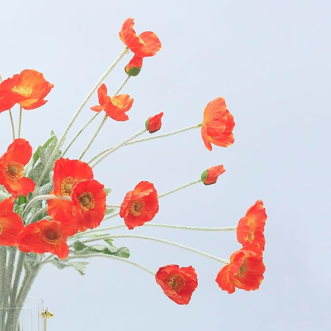 2 Pcs Artificial Fake Flowers Plants Poppies Silk Flower Arrangements Wedding Bouquets Decorations Plastic Floral Table Centerpieces for Home Kitchen Garden Party Decor Approx 23.6" High - Dark Orange
