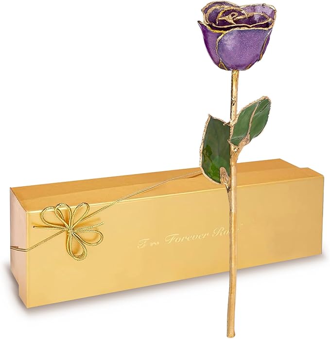 Forever Rose Hand-Dipped in 24K Gold, Amethyst-Inspired February Birthstone with Sparkles, Real Rose in Luxury Gold Gift Box – Perfect Ready to Gift for February Birthday or Any Occasion