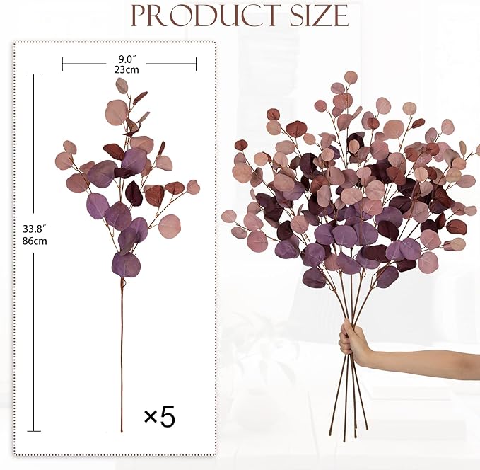 Maroon Eucalyptus Stems Fake Eucalyptus Leaves 34” Long Silver Dollar Leaves 5 Pcs Silk Eucalyptus Stems for DIY Bouquet Arrangements Centerpieces Shower Decorations-Artificial Eucalyptus Spray
