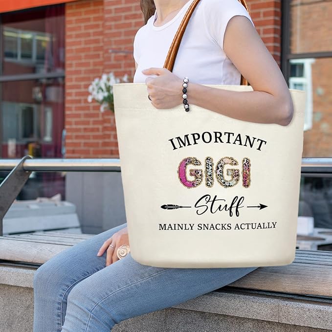 Canvas Tote Bag for Women, Important Stuff Bag with Leather Handle, Reusable Grocery Bags for Shopping Beach Travel
