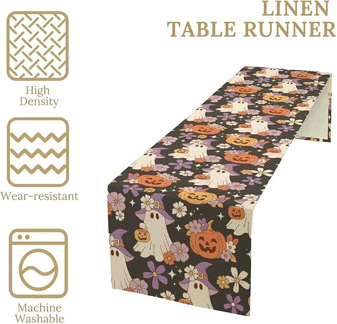 Halloween Table Runner,Cute Ghost Pumpkin Pattern Table Runner for Home Kitchen Table Dining Garden Farmhouse Wedding Party Decor 13x36 Inch