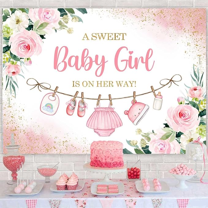 Sensfun Cute Clothes Baby Shower Backdrop A Sweet Baby Girl is On Her Way Banner Watercolor Pink Floral Sweet Little Girl Baby Shower Party Decorations Banner Supplies Photo Booth Props 8x6ft