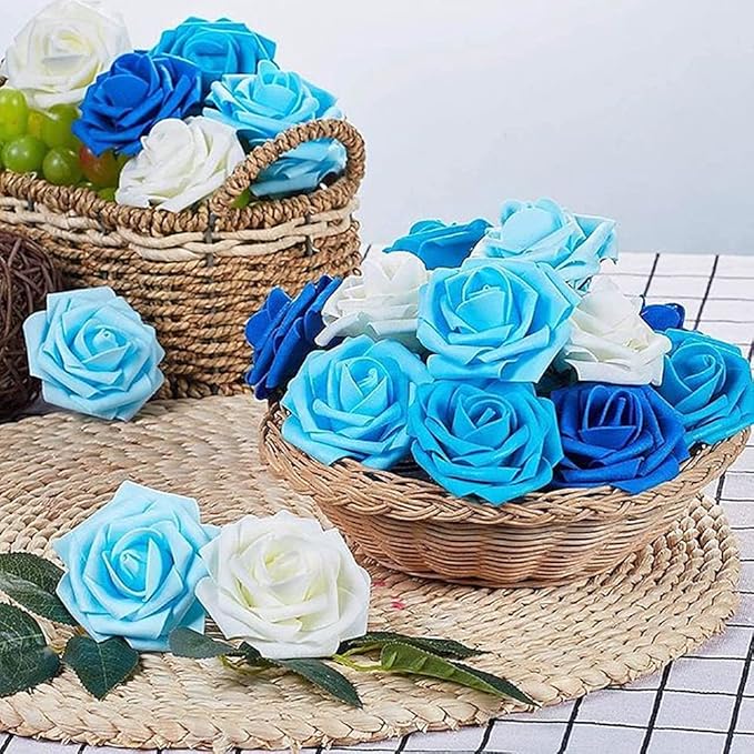 IPOPU Artificial Rose Flower Heads, 100 Pcs Real Looking Sky Blue Foam Fake Roses for DIY Wedding Baby Shower Centerpieces Arrangements Party Tables Home Decorations (Sky Blue, Stemless)