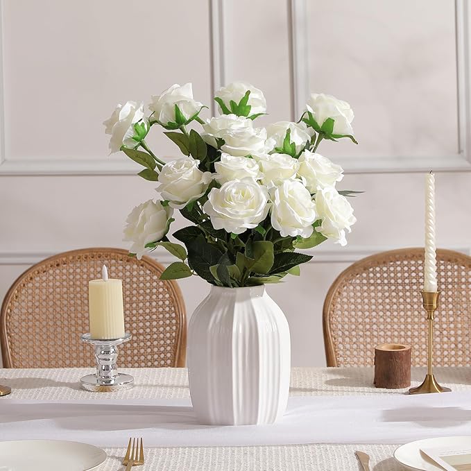 Nubry 24pcs Artificial Silk Roses Bulk,Fake Roses Flower with Stems Realistic Flowers for Wedding Centerpiece Home Party Decor(White)