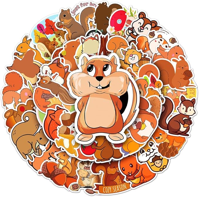 Squirrel Vinyl Stickers for Teens Boy Girls Kids|50 Pcs|Cute Cartoon Waterproof Stickers for Laptop Phone Tablet Luggage Flasks Water Bottle Notebook Bike Car,Lovely Animals Decals Pack(Squirrel)