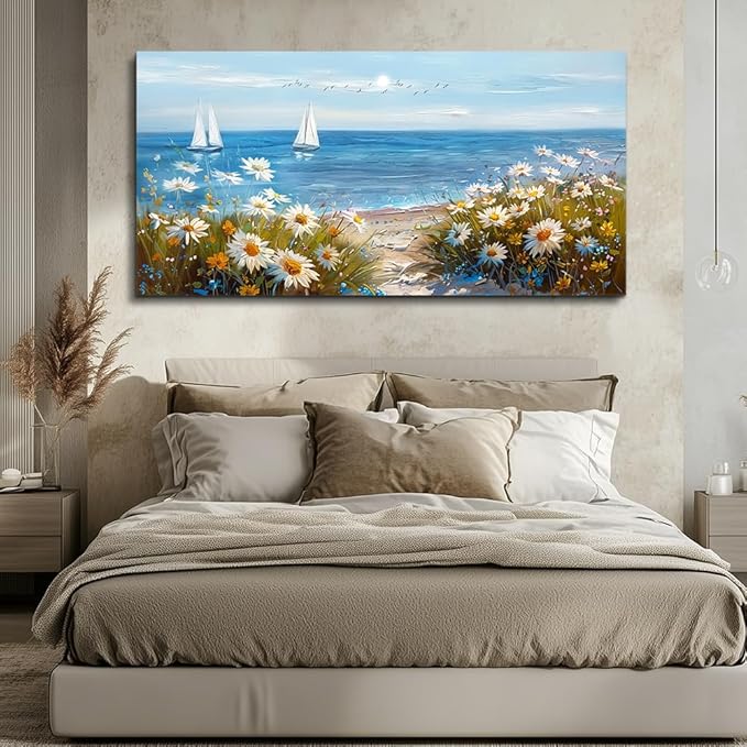 PHAOHUAXM Large Blue Ocean Landscape Canvas Printing Picture Wall Art For Living Room Farmhouse Dinin Mural White Flowers Bedroom Office Wall Decor Home Decor Painting Easy To Hang 30x60 Inches