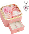 Preserved Roses Jewelry Box with Heart Necklace - Eternal Rose & ‘I Love You Always & Forever’ Engraving - Luxury Gift for Mom, Wife, or Grandma on Mother’s Day