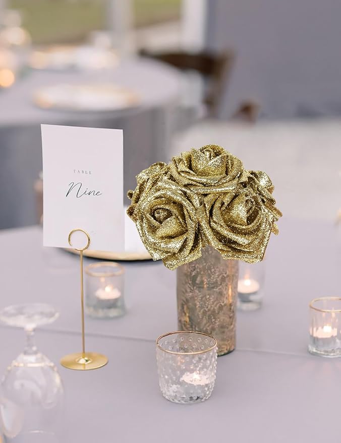 Gold Glitter Roses 30pcs Gold Roses 2.56" Glitter Flowers Artificial Roses with Stems for Centerpieces Wall Decorations Wedding Ceremony Bridal Shower Table Floral Arrangement (Gold)