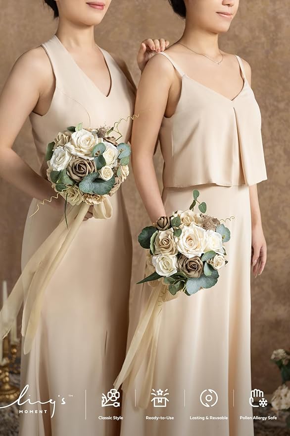 Ling's moment Bridesmaid Bouquet Set of 4, Oatmeal Beige Wedding Bouquets for Bridesmaids, 7 Inch Brown Bridal Bouquets for Bridesmaids, Wedding, Ceremony, Anniversary, etc.