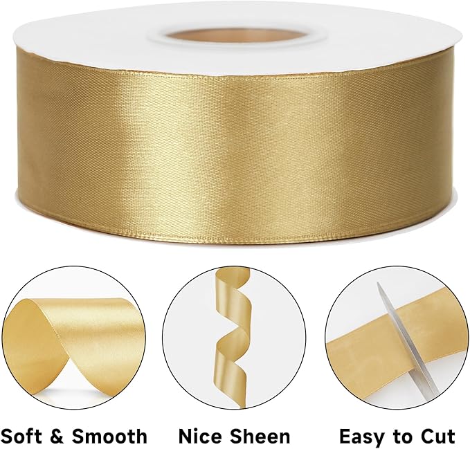 KINGLAKE Champagne Gold Satin Ribbon 1 1/2 inch x 50 Yards - Polyester Silk Hair Ribbons, Fabric Gold Ribbon for Gift Wrapping, Floral Bouquets, Craft Bow, Wedding, Valentines Day