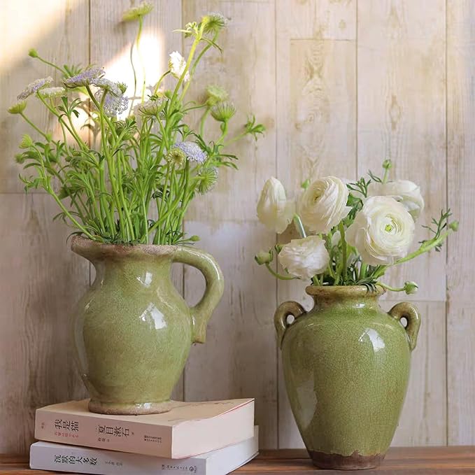 8 Inch Vintage Ceramic Vase, Rustic Chinoiserie Flower Vase Farmhouse Decorative Vases for Home Decor, Ice Cracked Glazed Terracotta Vases for Table Centerpiece Living Room Shelf Decor