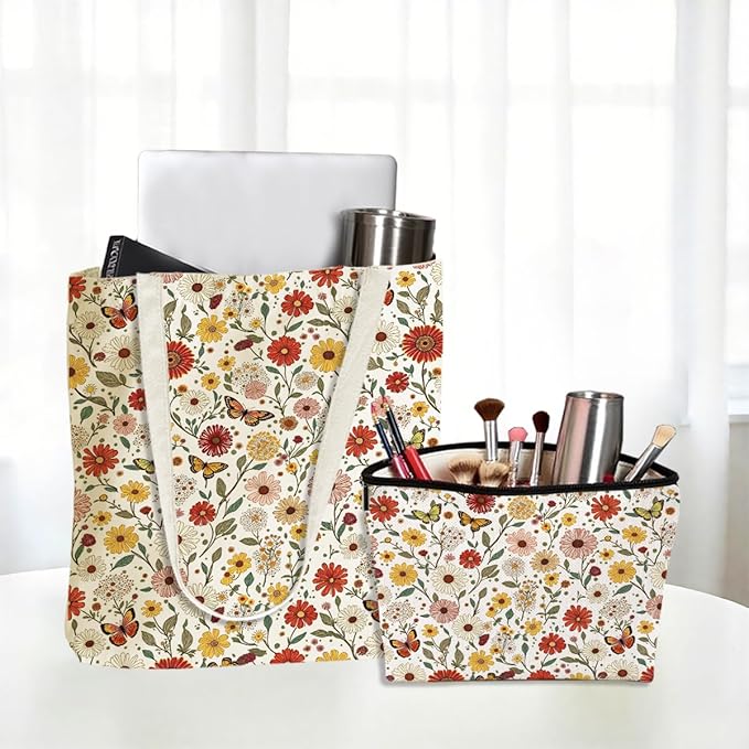 Flower Plant Lover Gifts for Women Canvas Tote Bag with Makeup Bag Cosmetic Bags Grocery Bags for Shopping Christmas